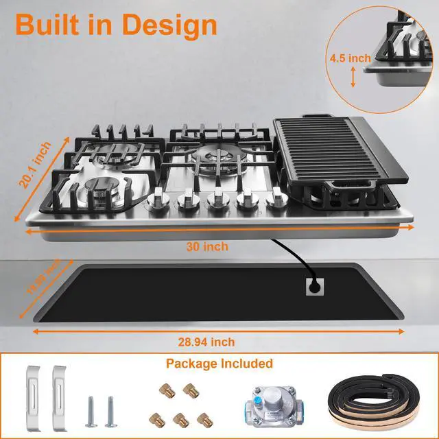 Alt view image 6 of 7 - 30 Inch Built-In Gas Cooktop with Griddle, 5 Italy SABAF Powerful Burners Over 92% High Efficiency, Max 48300BTU Gas Stove Top, 304 Stainless Steel Panel, NG/LPG Convertible, CSA Certified