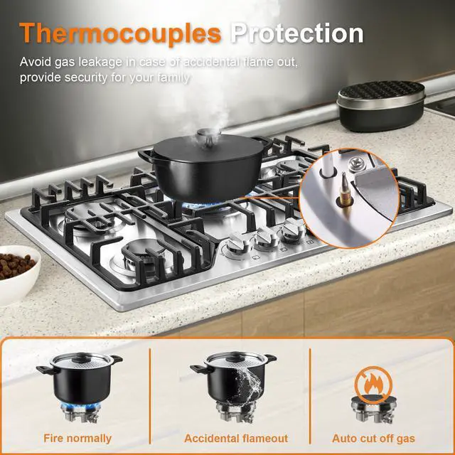 Alt view image 5 of 7 - 30 Inch Built-In Gas Cooktop with Griddle, 5 Italy SABAF Powerful Burners Over 92% High Efficiency, Max 48300BTU Gas Stove Top, 304 Stainless Steel Panel, NG/LPG Convertible, CSA Certified