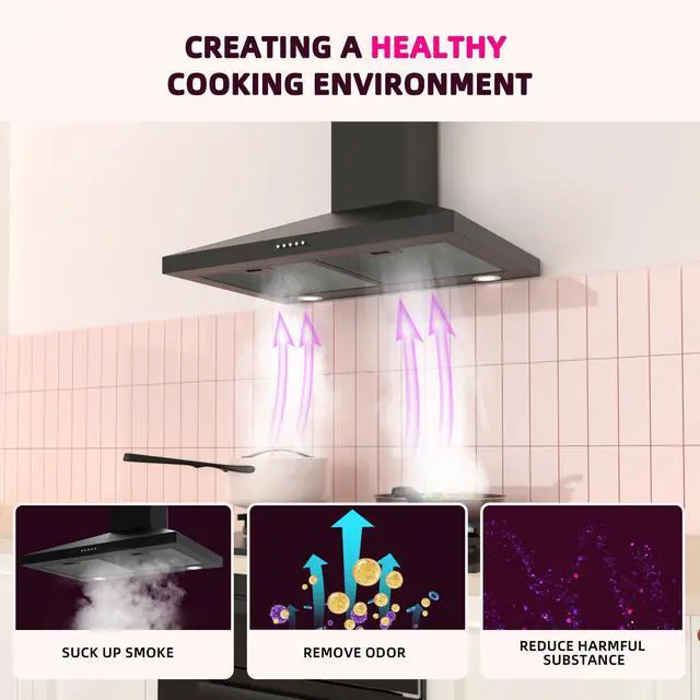 Alt view image 3 of 7 - Black Range Hood 30 Inch, Wall Mount Kitchen Hood Ducted/Ductless Convertible, 450 CFM, 3-Speed Exhaust Fan, Stainless Steel Stove Vent for Kitchen with LED Lights, Charcoal Filters