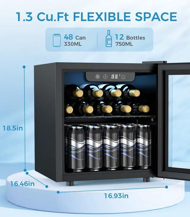 Alt view image 4 of 7 - 48 Can Beverage Refrigerator Mini Fridge Cooler Glass Door for Beer Soda or Wine, Small Drink Cooler Machine LED Temperature Control for Bar Home, Office 1.3CUFT