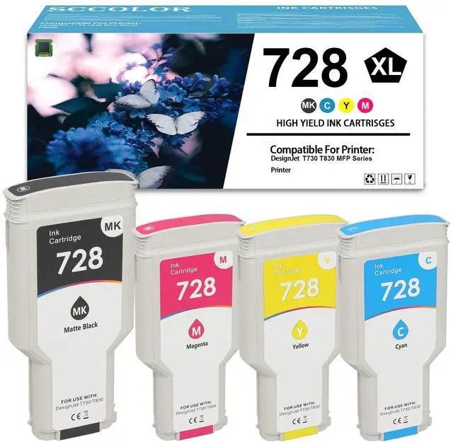 Main image of 728 Ink Cartridges F9J68A F9K17A F9K16A F9K15A-4 Pack | Replacement for DesignJet T830 MFP & T730 Large Format Plotter Printers,300-ml Matte Black,130-ml Cyan Magenta Yellow