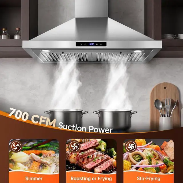Alt view image 2 of 7 - Wall Mount Range Hood 30 inch Kitchen Hood 700 CFM with Ducted/Ductless Convertible Duct, Touch Control, Permanent Filters, Stainless Steel, 3 Speed Exhaust Fan, LED Light