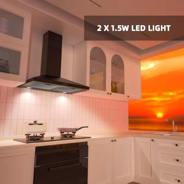 Alt view image 5 of 7 - Black Range Hood 30 Inch, Wall Mount Kitchen Hood Ducted/Ductless Convertible, 450 CFM, 3-Speed Exhaust Fan, Stainless Steel Stove Vent for Kitchen with LED Lights, Charcoal Filters