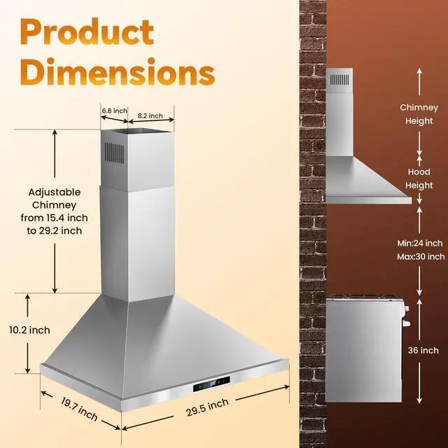 Alt view image 5 of 7 - Wall Mount Range Hood 30 inch Kitchen Hood 700 CFM with Ducted/Ductless Convertible Duct, Touch Control, Permanent Filters, Stainless Steel, 3 Speed Exhaust Fan, LED Light