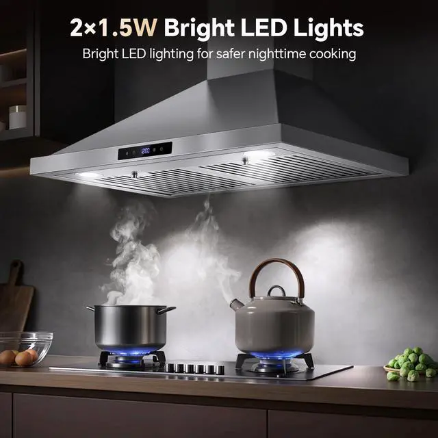 Alt view image 6 of 7 - Wall Mount Range Hood 30 inch Kitchen Hood 700 CFM with Ducted/Ductless Convertible Duct, Touch Control, Permanent Filters, Stainless Steel, 3 Speed Exhaust Fan, LED Light