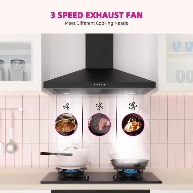 Alt view image 7 of 7 - Black Range Hood 30 Inch, Wall Mount Kitchen Hood Ducted/Ductless Convertible, 450 CFM, 3-Speed Exhaust Fan, Stainless Steel Stove Vent for Kitchen with LED Lights, Charcoal Filters