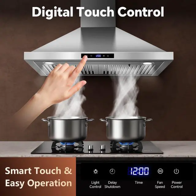 Alt view image 4 of 7 - Wall Mount Range Hood 30 inch Kitchen Hood 700 CFM with Ducted/Ductless Convertible Duct, Touch Control, Permanent Filters, Stainless Steel, 3 Speed Exhaust Fan, LED Light