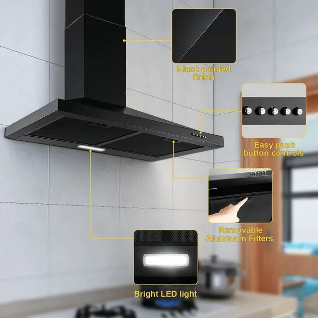 Alt view image 3 of 7 - Black Range Hood 30 inch,Hood Vents for Kitchen with Ducted/Ductless Convertible,Vent Hoods 30 inch,Wall Mount Ductless Range Hood,Stainless Steel Kitchen Vent Hood with LED Light