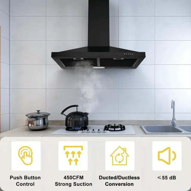 Alt view image 2 of 7 - Black Range Hood 30 inch,Hood Vents for Kitchen with Ducted/Ductless Convertible,Vent Hoods 30 inch,Wall Mount Ductless Range Hood,Stainless Steel Kitchen Vent Hood with LED Light