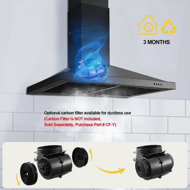 Alt view image 5 of 7 - Black Range Hood 30 inch,Hood Vents for Kitchen with Ducted/Ductless Convertible,Vent Hoods 30 inch,Wall Mount Ductless Range Hood,Stainless Steel Kitchen Vent Hood with LED Light
