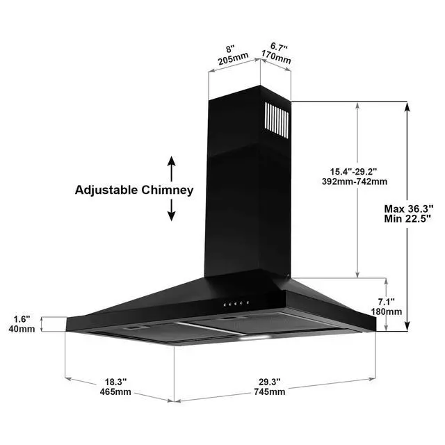 Alt view image 6 of 7 - Black Range Hood 30 inch,Hood Vents for Kitchen with Ducted/Ductless Convertible,Vent Hoods 30 inch,Wall Mount Ductless Range Hood,Stainless Steel Kitchen Vent Hood with LED Light