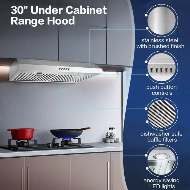 Alt view image 2 of 6 - Range Hood 30 inch Under Cabinet,Stainless Steel Ducted/Ductless Range Hood 30 inch,3 Venting Ways Stove Hood,700 CFM Kitchen Vent Hood with 3 Speed Exhaust Fan,Push Button Control