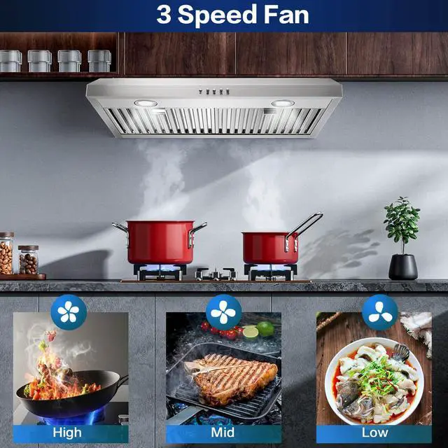 Alt view image 3 of 6 - Range Hood 30 inch Under Cabinet,Stainless Steel Ducted/Ductless Range Hood 30 inch,3 Venting Ways Stove Hood,700 CFM Kitchen Vent Hood with 3 Speed Exhaust Fan,Push Button Control