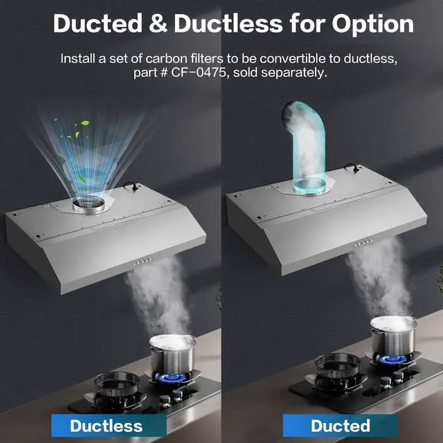 Alt view image 6 of 6 - Range Hood 30 inch Under Cabinet,Stainless Steel Ducted/Ductless Range Hood 30 inch,3 Venting Ways Stove Hood,700 CFM Kitchen Vent Hood with 3 Speed Exhaust Fan,Push Button Control