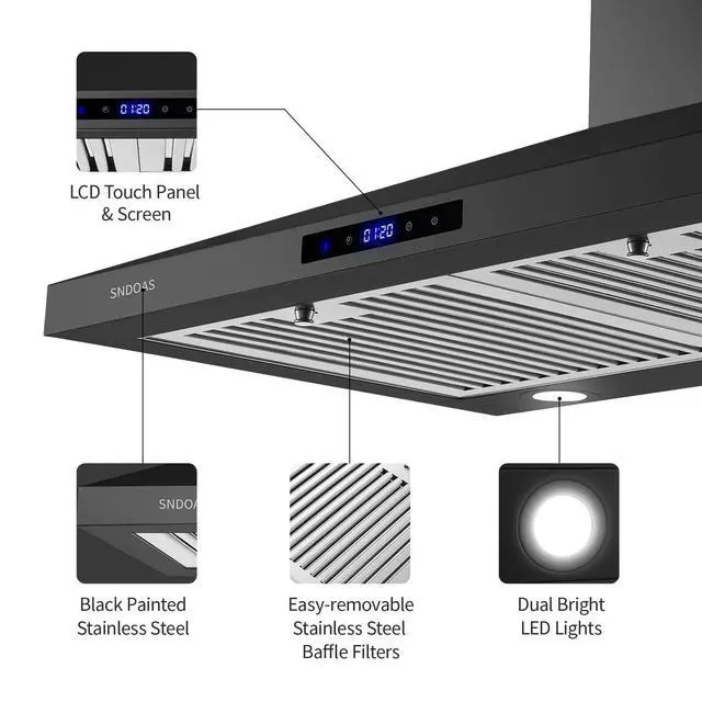 Alt view image 2 of 6 - Black Range Hood 30 Inch,Stainless Steel Wall Mounted Kitchen Hood with Touch Controls, Ducted/Ductless Convertible,Chimney-Style Stove Hood Vent for Kitchen,Baffle Filters,Black Painted Finish