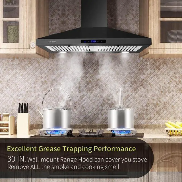 Alt view image 3 of 6 - Black Range Hood 30 Inch,Stainless Steel Wall Mounted Kitchen Hood with Touch Controls, Ducted/Ductless Convertible,Chimney-Style Stove Hood Vent for Kitchen,Baffle Filters,Black Painted Finish