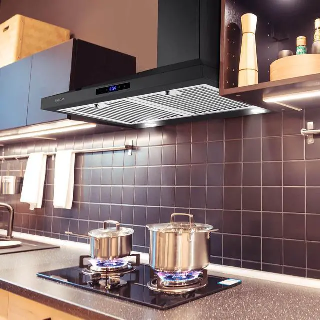 Alt view image 4 of 6 - Black Range Hood 30 Inch,Stainless Steel Wall Mounted Kitchen Hood with Touch Controls, Ducted/Ductless Convertible,Chimney-Style Stove Hood Vent for Kitchen,Baffle Filters,Black Painted Finish