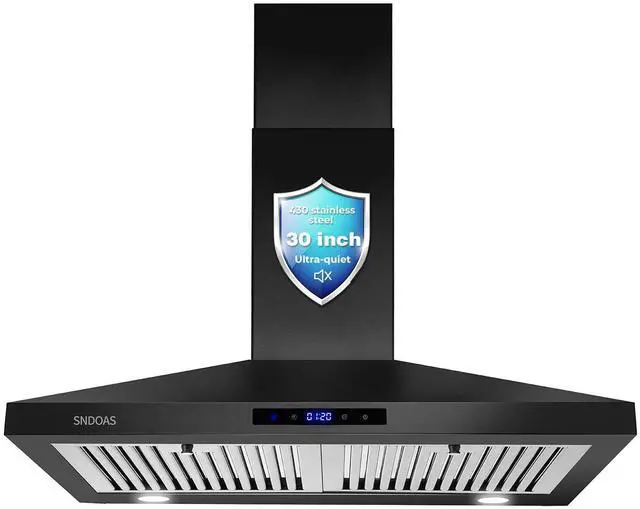 Main image of Black Range Hood 30 Inch,Stainless Steel Wall Mounted Kitchen Hood with Touch Controls, Ducted/Ductless Convertible,Chimney-Style Stove Hood Vent for Kitchen,Baffle Filters,Black Painted Finish
