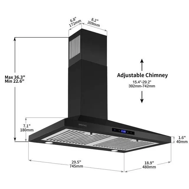 Alt view image 6 of 6 - Black Range Hood 30 Inch,Stainless Steel Wall Mounted Kitchen Hood with Touch Controls, Ducted/Ductless Convertible,Chimney-Style Stove Hood Vent for Kitchen,Baffle Filters,Black Painted Finish