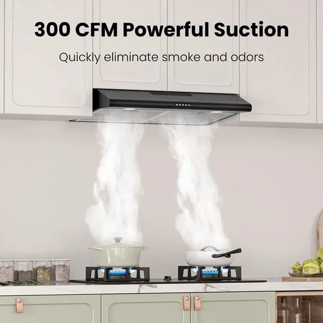Alt view image 2 of 7 - 30 Inch Black Under Cabinet Range Hood, Ducted/Ductless Convertible Kitchen Vent Hood with LED Light, 3-Speed Exhaust Fan, Push Button Control, Slim Stove Hood for Modern Kitchen