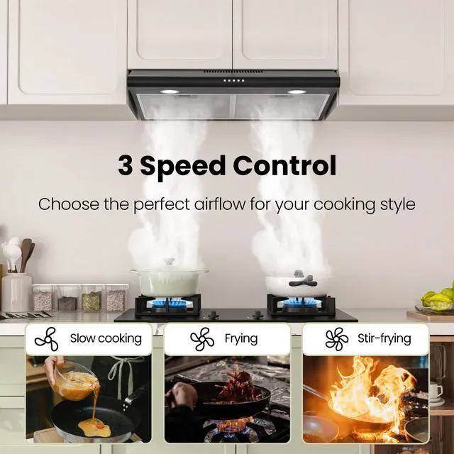 Alt view image 3 of 7 - 30 Inch Black Under Cabinet Range Hood, Ducted/Ductless Convertible Kitchen Vent Hood with LED Light, 3-Speed Exhaust Fan, Push Button Control, Slim Stove Hood for Modern Kitchen