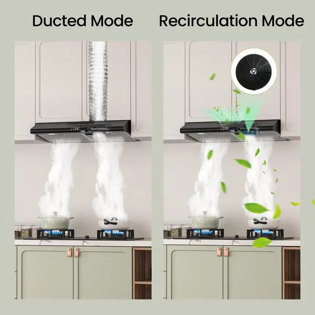 Alt view image 4 of 7 - 30 Inch Black Under Cabinet Range Hood, Ducted/Ductless Convertible Kitchen Vent Hood with LED Light, 3-Speed Exhaust Fan, Push Button Control, Slim Stove Hood for Modern Kitchen
