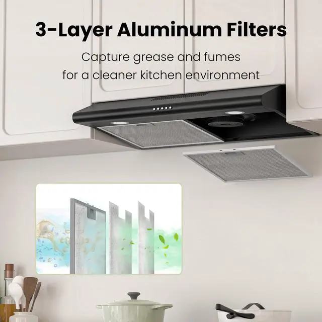 Alt view image 5 of 7 - 30 Inch Black Under Cabinet Range Hood, Ducted/Ductless Convertible Kitchen Vent Hood with LED Light, 3-Speed Exhaust Fan, Push Button Control, Slim Stove Hood for Modern Kitchen