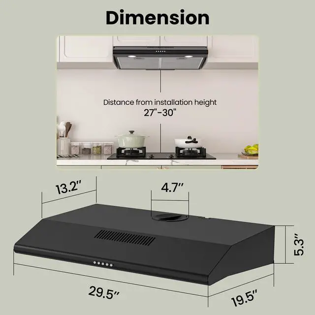 Alt view image 6 of 7 - 30 Inch Black Under Cabinet Range Hood, Ducted/Ductless Convertible Kitchen Vent Hood with LED Light, 3-Speed Exhaust Fan, Push Button Control, Slim Stove Hood for Modern Kitchen