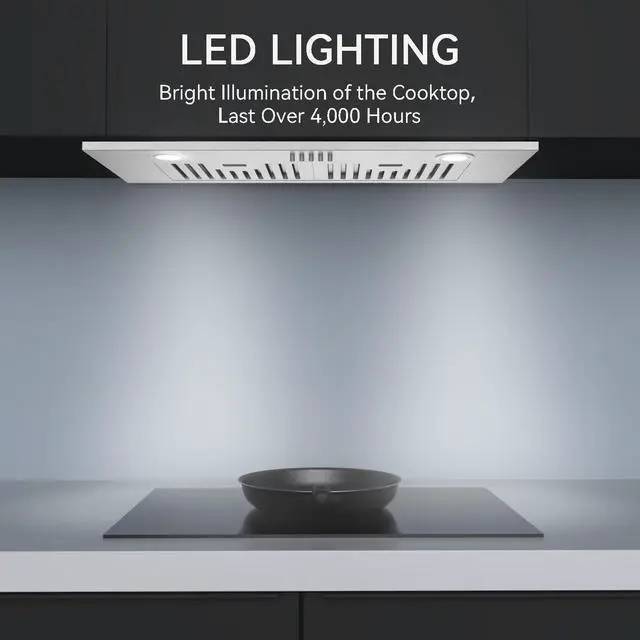Alt view image 3 of 7 - 30 Built in/Insert Range Hood, 600 CFM Stainless Steel Vent Hood | 3 Speed Fan, Ducted/Ductless Convertible, Baffle Filters & Charcoal Filters, Bright LED Lights