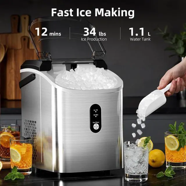 Alt view image 2 of 7 - Nugget Ice Maker Countertop with Soft Chewable Ice, Portable Sonic Ice Maker with Basket and Scoop, Removable Top Cover, Auto-Cleaning for Home/Party/RV/Camping (Stainless Steel Silver)