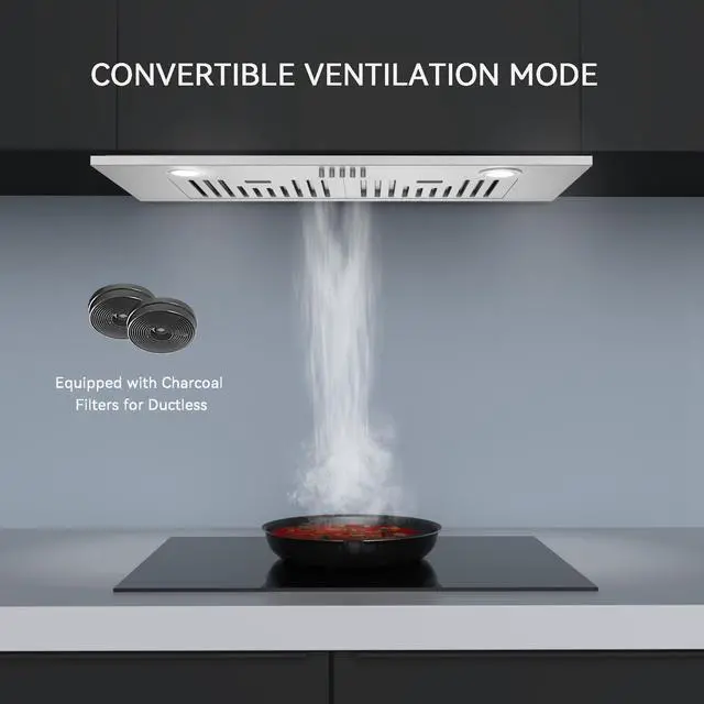 Alt view image 7 of 7 - 30 Built in/Insert Range Hood, 600 CFM Stainless Steel Vent Hood | 3 Speed Fan, Ducted/Ductless Convertible, Baffle Filters & Charcoal Filters, Bright LED Lights