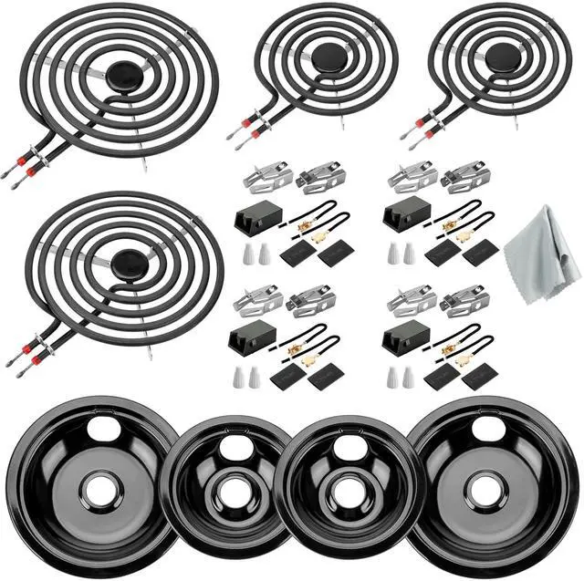 Main image of Porcelain Drip Pans & MP22YA Burner Element Set & 330031 Receptacle Kit Compatible with Frigi-daire Cro-sley Tap-pan Ken-more, Include 2 6" & 2 8" Black Drip Pans and Stove Burner, 4 Receptacle kit