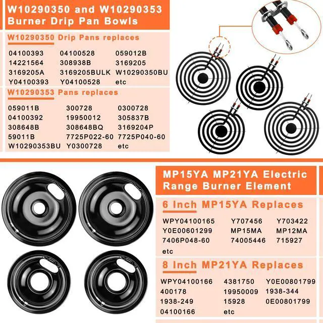 Alt view image 4 of 6 - MP22YA Stove Burner & Black Porcelain Drip Pan with 330031 Receptacle Kit | Porcelain Stove Drip Pans of 4 & MP22YA Electric Range Burner Fit for Amana Whirlpool Stove, Replace W10290350 W10290353