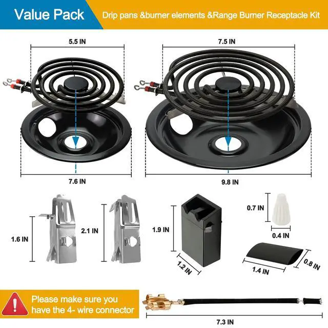 Alt view image 2 of 7 - Porcelain Drip Pans & MP22YA Burner Element Set & 330031 Receptacle Kit Compatible with Frigi-daire Cro-sley Tap-pan Ken-more, Include 2 6" & 2 8" Black Drip Pans and Stove Burner, 4 Receptacle kit