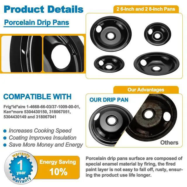Alt view image 5 of 7 - Porcelain Drip Pans & MP22YA Burner Element Set & 330031 Receptacle Kit Compatible with Frigi-daire Cro-sley Tap-pan Ken-more, Include 2 6" & 2 8" Black Drip Pans and Stove Burner, 4 Receptacle kit