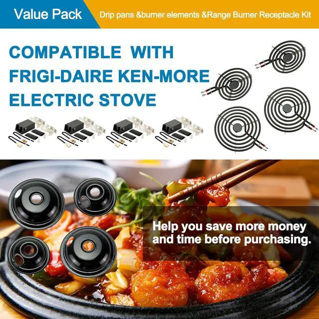 Alt view image 7 of 7 - Porcelain Drip Pans & MP22YA Burner Element Set & 330031 Receptacle Kit Compatible with Frigi-daire Cro-sley Tap-pan Ken-more, Include 2 6" & 2 8" Black Drip Pans and Stove Burner, 4 Receptacle kit