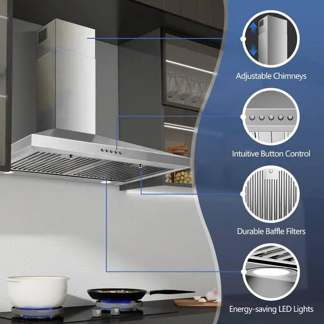 Alt view image 2 of 7 - Range Hood 30 inch,Stainless Steel Wall Mount Range Hood 30 inch,Chimney-Style Stove Vent with Ducted/Ductless Convertible,Kitchen Hood with LED Light,Button Control,3-Speed Vent Hood