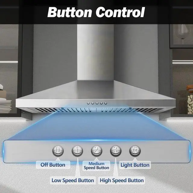Alt view image 5 of 7 - Range Hood 30 inch,Stainless Steel Wall Mount Range Hood 30 inch,Chimney-Style Stove Vent with Ducted/Ductless Convertible,Kitchen Hood with LED Light,Button Control,3-Speed Vent Hood