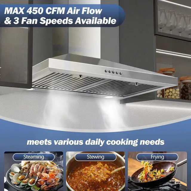 Alt view image 3 of 7 - Range Hood 30 inch,Stainless Steel Wall Mount Range Hood 30 inch,Chimney-Style Stove Vent with Ducted/Ductless Convertible,Kitchen Hood with LED Light,Button Control,3-Speed Vent Hood