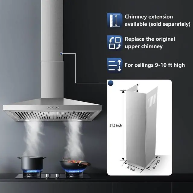 Alt view image 6 of 7 - Range Hood 30 inch,Stainless Steel Wall Mount Range Hood 30 inch,Chimney-Style Stove Vent with Ducted/Ductless Convertible,Kitchen Hood with LED Light,Button Control,3-Speed Vent Hood