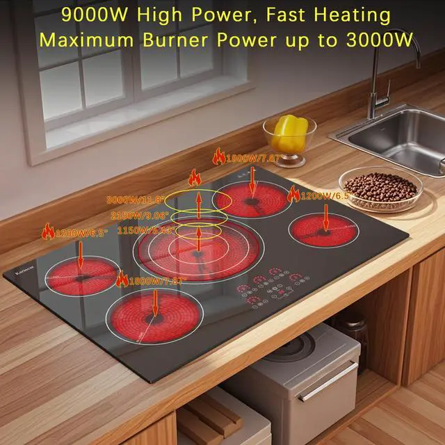 Alt view image 3 of 7 - Electric Cooktop 30 Inch, Upgrade 5 Burners Electric Stove Top | Triple Ring Expandable Burner, Built-in Ceramic Cooktop, Pause, Timer, Safety Lock, Sensor Touch, 9000W, 220-240V Hardwire