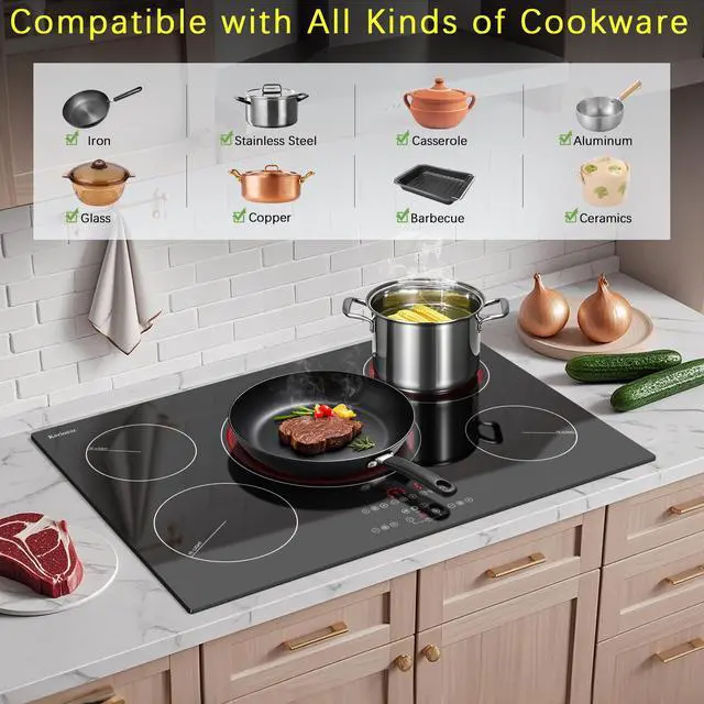 Alt view image 5 of 7 - Electric Cooktop 30 Inch, Upgrade 5 Burners Electric Stove Top | Triple Ring Expandable Burner, Built-in Ceramic Cooktop, Pause, Timer, Safety Lock, Sensor Touch, 9000W, 220-240V Hardwire
