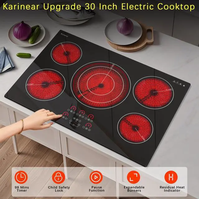 Alt view image 2 of 7 - Electric Cooktop 30 Inch, Upgrade 5 Burners Electric Stove Top | Triple Ring Expandable Burner, Built-in Ceramic Cooktop, Pause, Timer, Safety Lock, Sensor Touch, 9000W, 220-240V Hardwire