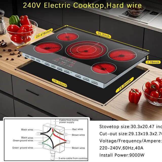 Alt view image 6 of 7 - Electric Cooktop 30 Inch, Upgrade 5 Burners Electric Stove Top | Triple Ring Expandable Burner, Built-in Ceramic Cooktop, Pause, Timer, Safety Lock, Sensor Touch, 9000W, 220-240V Hardwire