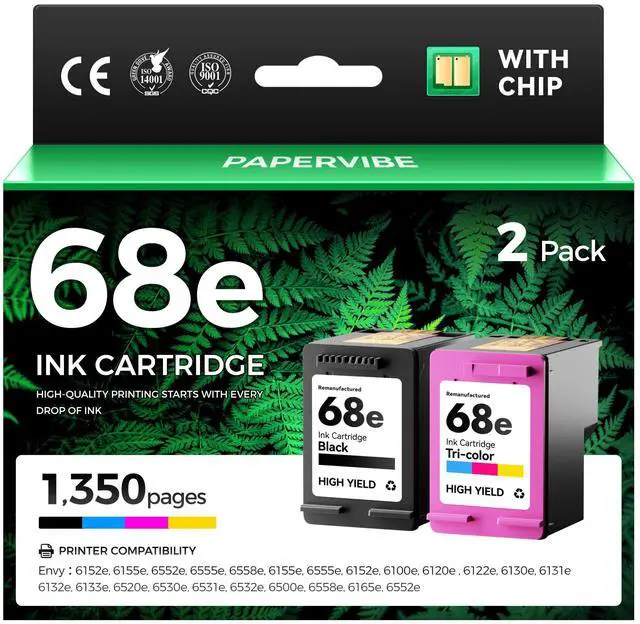 Main image of 68e 68 Ink Cartridges with chip Black Tri-Color Combo 2-Pack High Yield Replacement for HP Ink 68e 68XL Compatible Work for HP Envy 6155e 6555e 6152e 6552e 6558e 6110e 6500e 6100e 6165e Printer Inkjet
