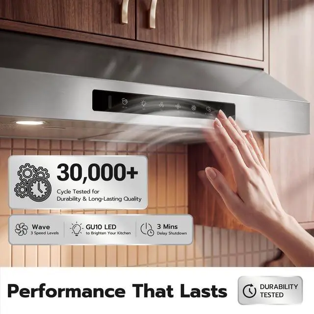 Alt view image 4 of 7 - 36 Inch Under Cabinet Range Hood with 1200 CFM, 3 Speed Ducted Gesture Sensing Kitchen Exhaust Hood & Touch Control Panel, Stainless Steel Stove Vent Hood with 2 LED Lights