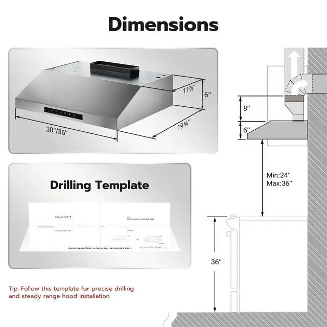 Alt view image 7 of 7 - 36 Inch Under Cabinet Range Hood with 1200 CFM, 3 Speed Ducted Gesture Sensing Kitchen Exhaust Hood & Touch Control Panel, Stainless Steel Stove Vent Hood with 2 LED Lights