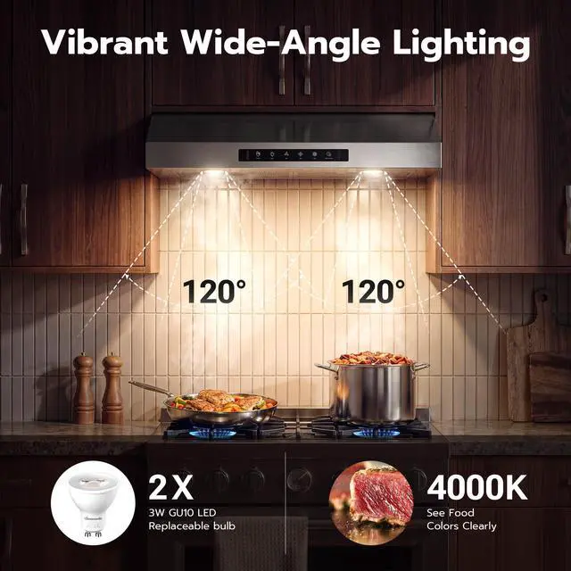 Alt view image 5 of 7 - 36 Inch Under Cabinet Range Hood with 1200 CFM, 3 Speed Ducted Gesture Sensing Kitchen Exhaust Hood & Touch Control Panel, Stainless Steel Stove Vent Hood with 2 LED Lights