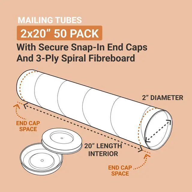 Alt view image 2 of 4 - AVIDITI Cardboard Tubes with Caps, 20"L x 2"W x 2"H, Pack of 50 | Poster Tube for Mailing and Storage of Blueprints, Artwork, Crafts, Long Art Holder, 20 inches