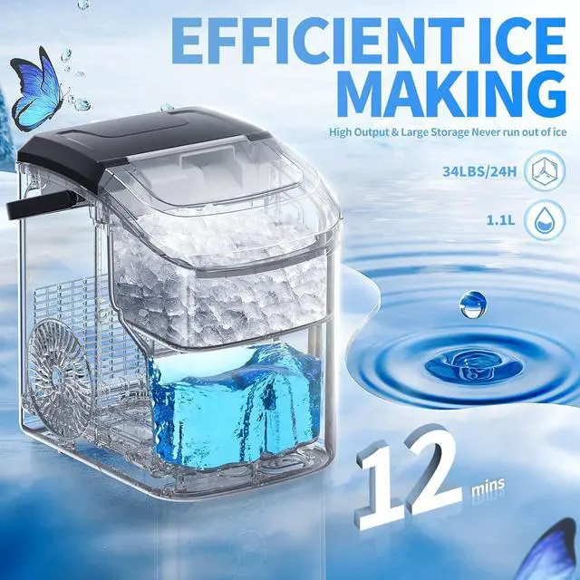 Alt view image 2 of 7 - Nugget Ice Maker Countertop, 34 lbs/Day Pellet Ice Machine with Self-Cleaning, Fast Ice Ready in 10 Minutes, Portable Ice Maker with Handle for Home, Office, RV, Camping(Black)